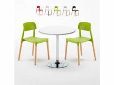Table blanche ronde 70x70cm et 2 chaises colorées bar café barcellona long island