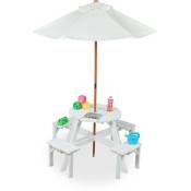 Table de jeu d'enfants, extérieur, plateau rond, 4 enfants, table pique-nique jardin avec parasol, bois, blanc - Relaxdays