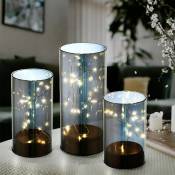 Lampes de table lampe décorative en verre fumé lanterne en verre led, interrupteur minuterie, piles, blanc chaud, h 12,5 - 15 - 17,5 cm, lot de 3
