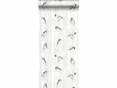 Papier peint dessin à la plume des oiseaux sur des planches en bois de bois récupéré rétro vintage noir et blanc mat - 128834 - 53 cm x 10,05 m 128834