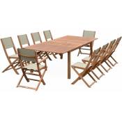 Sweeek - Salon de jardin en bois Almeria. grande table extensible 200 à 300cm rectangulaire 2 fauteuils 8 chaises eucalyptus et textilène Bois / Gris