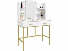 Coiffeuse table de maquillage en bois+métal avec miroir+led.bois et métal.90x45x136cm.blanc et or