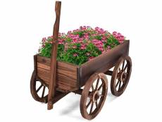 Costway brouette à fleurs en sapin carbonisé avec poignée réglable et 4 roues,chariot à fleurs avec trou de drainage, idéal pour patio, jardin, terras