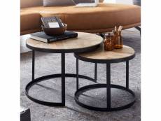 Finebuy tables gigogne ensemble deux pièces bois massif métal table de salon | table d'appoint style industrielle ronde | meubles en bois massif table