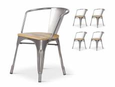 Kosmi - lot de 4 chaises en métal brut style industriel factory en métal brut et assise en bois naturel clair, fauteuils industriels avec accoudoirs