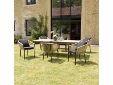 Malo - salon de jardin 6 pers. - 1 table rectangulaire 180x100cm et 6 fauteuils beiges et noirs avec coussin