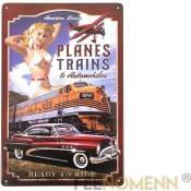 Plaque Métal Déco Vintage - Avion Train Automobile