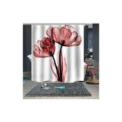 Rideau de Douche Rideau de Salle de Bain 3D Imperméable avec 12 Anneaux Crochets 100% Polyester Imprimé Fleur de Lotus 180x180cm - Rouge & Blanc