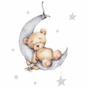 Xinuy - Dessin animé ours en peluche dormant sur la lune et les étoiles Stickers muraux pour chambre d'enfants décoration de chambre de bébé Stickers