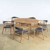 Ensemble table ronde en teck et 6 fauteuils en teck et corde - Naturel