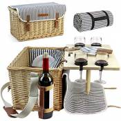 HappyPicnic Panier Pique-Nique en Osier pour 4, 4 kit, Panier en Osier de Pique-Nique Service Cadeau de vin en Bambou avec Snack Table pour Le Camping