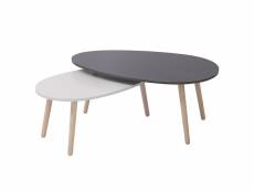 Hombuy® ensemble de 2 tables basses ovales à 3 pieds en bois grand gris foncé et petit blanc