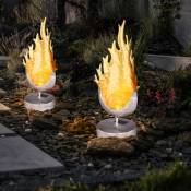 Lampe solaire de table lampadaire décoration de jardin effet flamme pile dorée, verre métal, 1x led effet feu, h 36,5 cm, lot de 2