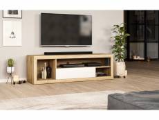 Meuble banc TV - 140 cm - Blanc mat / Chêne wotan