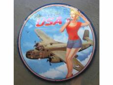 "plaque bombée 40cm pin up et avion made in the usa