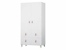 Figo - armoire 2 portes style scandinave - 4 tiroirs + tringle à vêtements - 202x104x55 cm - blanc
