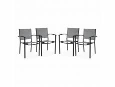 Lot de 4 fauteuils de jardin gris clair et anthracite empilables aluminium et textilène p56xl57xh85cm