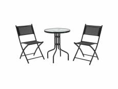 Salon de jardin bistro 2 chaises pliables - table ronde dim. Ø60 x 70h cm - plateau verre trempé métal époxy textilène noir