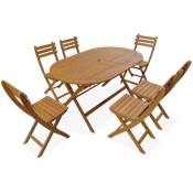 Sweeek - Table de jardin pliable 150cm en bois d'acacia déjà huilé. forme ovale avec 6 chaises pliables - Bois