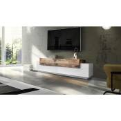 Dmora - Meuble tv Dmirand, Buffet bas de salon, base meuble tv, 100% Made in Italy, 200x45h52 cm, Blanc brillant et Érable