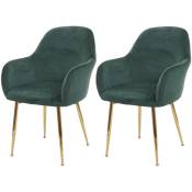 Lot de 2 chaises de salle à manger design rétro en tissu velours vert pieds métal dorés