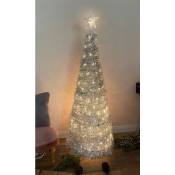 Spetebo - Sapin de Noël en spirale 150 cm avec 120 led et pointe étoile - argent - sapin de Noël artificiel blanc chaud éclairé pour l'extérieur et