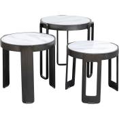 3 tables basses en verre effet marbre blanc et acier