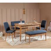 Cotecosy - Set table extensible, 2 chaises, banc et banquette Malva Bois clair et Tissu Bleu foncé - Bleu foncé