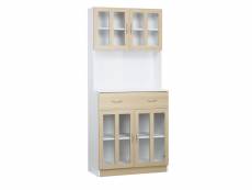 Homcom armoire de cuisine multi-rangement 4 portes vitrine verre avec étagère tiroir coulissant grand plateau panneaux particules blanc aspect chêne c