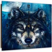 Horloge Murale Design Loup Mystique et Nocturne - 40 x 40 cm - Bleu
