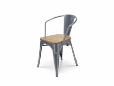 Kosmi - chaise en métal silver style industriel et assise en bois naturel clair - fauteuil avec accoudoirs