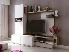 Mur tv rodrigo avec rangements - mdf - blanc et chêne