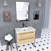 Pack meuble à 2 tiroirs vasque et miroir simple - Blanc - 80 x 50 x 81 cm