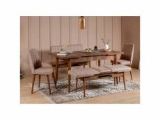 Set table extensible, 2 chaises, banc et banquette malva bois clair et tissu vert