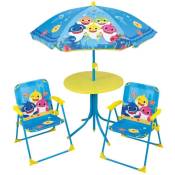 Baby Shark Salon de jardin - 1 table H.46xø46 cm, 2 chaises H.53xl.38,5xP.37,5 cm et 1 parasol H.125 x ø100 cm - Fun House