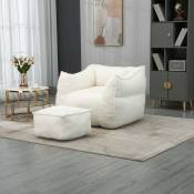 Fauteuil pouf avec tabouret moelleux, mousse haute densité, canapé pouf, fauteuil de salon, tissu lin - Blanc - Blanc