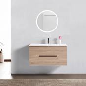Meuble salle de bain avec vasque/lavabo Jupiter suspendu 100, 1 Miroir Rond Led , 2 tiroirs- finition effet chene naturel