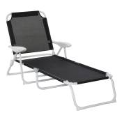 Outsunny Chaise longue bain de soleil pliable inclinable 4 positions grand confort avec accoudoirs revêtement tissu textilène métal époxy noir