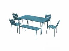 Salon de jardin 2 bancs et 4 chaises en acier bleu