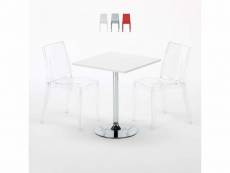 Table carrée blanche 70x70cm avec 2 chaises colorées et transparentes set intérieur bar café cristal light titanium