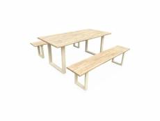 Table de jardin 6 places en bois avec bancs bois d'acacia et structure en acier ivoire