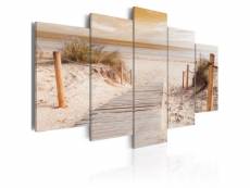 Tableau sur toile en 5 panneaux décoration murale image imprimée cadre en bois à suspendre matin sur la plage - sepia 100x50 cm 11_0006769