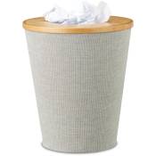 Corbeille à papier en bambou poubelle ronde seau intérieur plastique couvercle bureau 35 cm, nature, gris - Relaxdays