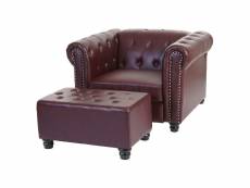 Fauteuil de luxe chesterfield, fauteuil relax, similicuir ~ pieds ronds, brun rouge avec ottomane