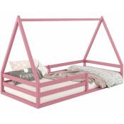 Lit cabane sila 90x190 cm, lit simple enfant 1 place type Montessori, en pin massif rose - Rose