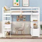 Lit mezzanine pour enfant - lit surélevé avec tiroirs de rangement, bureau et bibliothèque de rangement sous le lit - blanc 140x200cm