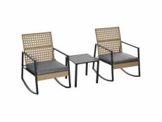 Outsunny ensemble de jardin 3 pièces style colonial 2 fauteuils à bascule avec coussins assise gris table basse métal époxy résine tressée beige