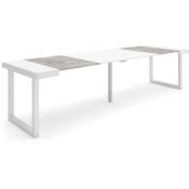 Table console extensible, Console meuble, 300, Pour 14 personnes, Pieds bois massif, Style moderne, Blanc et ciment - Skraut Home
