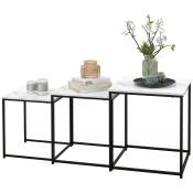HOMCOM Lot de 3 tables basses carrées gigognes - acier noir panneaux aspect marbre blanc 50/45/39,5 cm