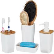 Lot d'accessoires de salle de bain, 4 pièces, moderne, gobelet, support à savon et distributeur de lotion, plastique et bambou, blanc - Relaxdays